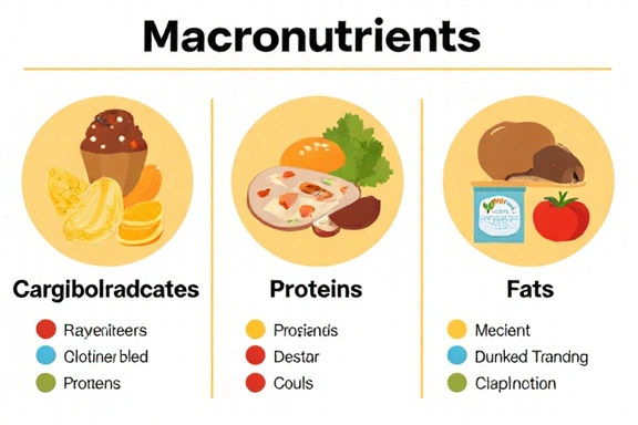 An infographic-style image illustrating the three macronutrients: carbohydrates, proteins, and fats, with simple, clear icons and examples of food sources for each. The design is modern, clean, and educational.