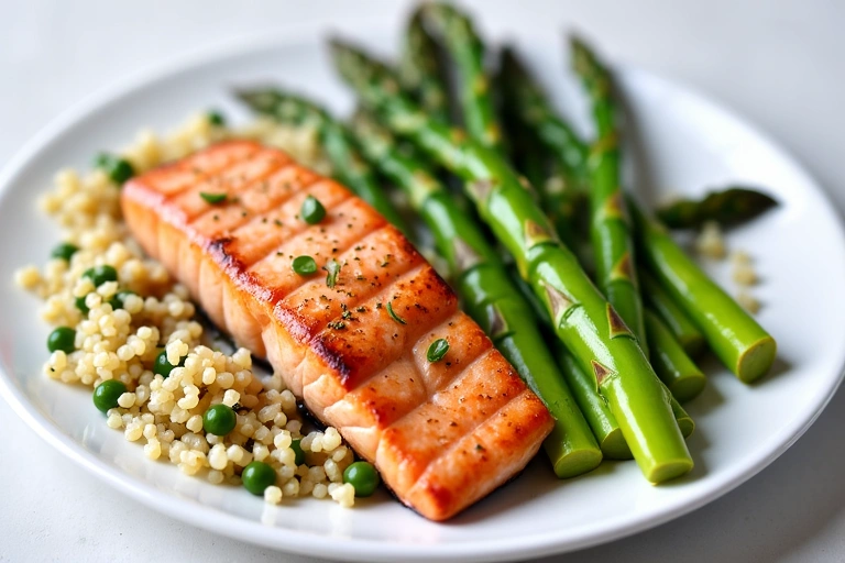 A perfectly portioned healthy meal on a plate, with various fresh ingredients