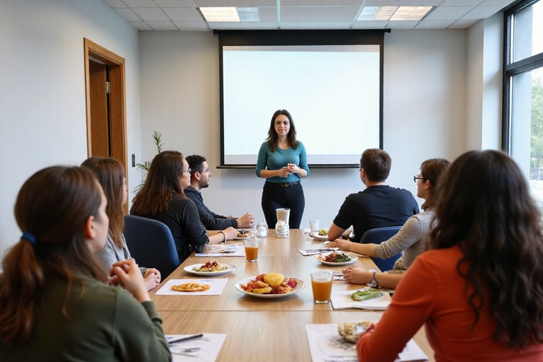 A group of people attending a nutrition workshop, with a dietitian presenting